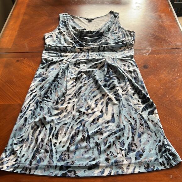 Clara S Blue Animal Print Knit Dress Woman Size Medium Sleeveless Waterfall Neck - Picture 6 of 10